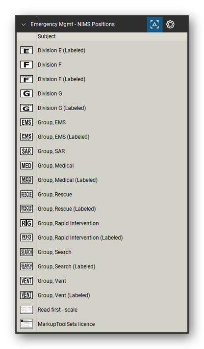 Incident & Emergency Management tool set for Bluebeam Revu, NIMS Positions set (tools 79-96 of 96) - 18 tools: Division E (Labeled), Division F, Division F (Labeled), Division G, Division G (Labeled), Group, EMS, Group, EMS (Labeled), Group, SAR, Group, Medical, Group, Medical (Labeled) and 8 more. Tool Chest in Detail view, one row per tool with its name.
