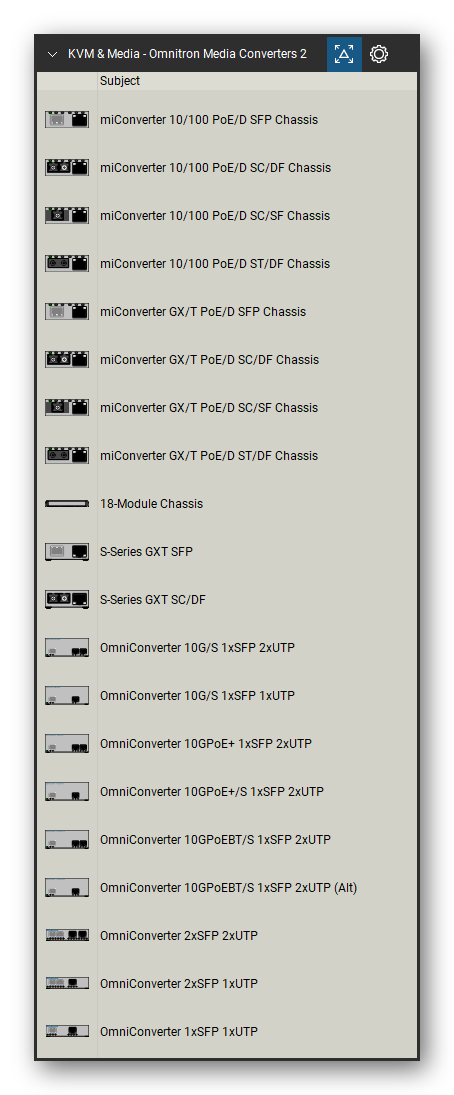 KVM, Console Servers & Media Converters tool set for Bluebeam Revu, Omnitron Media Converters 2 set (tools 21-40 of 161) - 20 tools: miConverter 10/100 PoE/D SFP Chassis, miConverter 10/100 PoE/D SC/DF Chassis, miConverter 10/100 PoE/D SC/SF Chassis, miConverter 10/100 PoE/D ST/DF Chassis, miConverter GX/T PoE/D SFP Chassis, miConverter GX/T PoE/D SC/DF Chassis, miConverter GX/T PoE/D SC/SF Chassis, miConverter GX/T PoE/D ST/DF Chassis and more. Tool Chest in Detail view, one row per tool with its name.