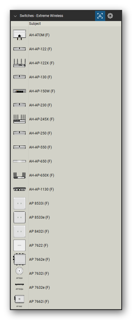 Network Switches & Routers tool set for Bluebeam Revu, Extreme Wireless set (tools 1-20 of 56) - 20 tools: AH-ATOM, AH-AP-122, AH-AP-122X, AH-AP-130, AH-AP-150W, AH-AP-230, AH-AP-245X, AH-AP-250, AH-AP-550, AH-AP-650 and 10 more. Tool Chest in Detail view, one row per tool with its name.