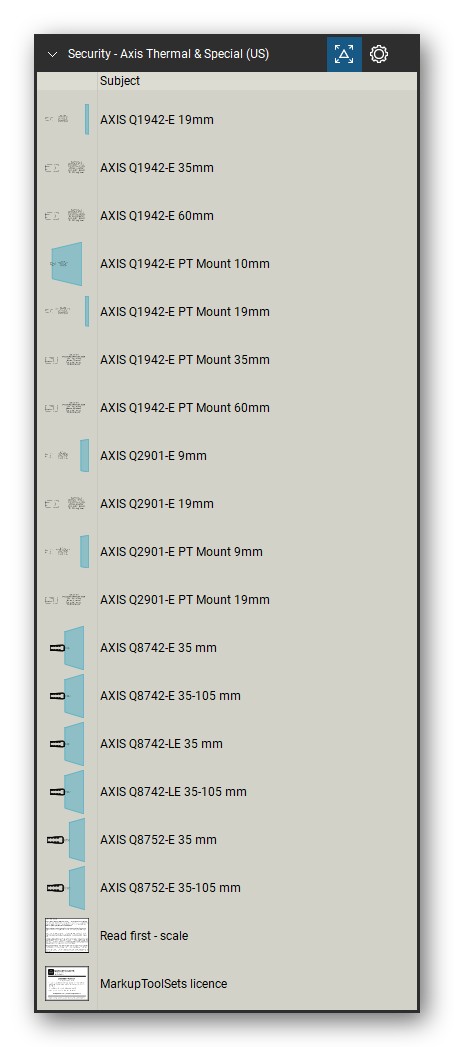 Security & Surveillance tool set for Bluebeam Revu, Axis Thermal & Special (US) set (tools 59-75 of 75) - 17 tools: AXIS Q1942-E 19mm, AXIS Q1942-E 35mm, AXIS Q1942-E 60mm, AXIS Q1942-E PT Mount 10mm, AXIS Q1942-E PT Mount 19mm, AXIS Q1942-E PT Mount 35mm, AXIS Q1942-E PT Mount 60mm, AXIS Q2901-E 9mm, AXIS Q2901-E 19mm, AXIS Q2901-E PT Mount 9mm and 7 more. Tool Chest in Detail view, one row per tool with its name.
