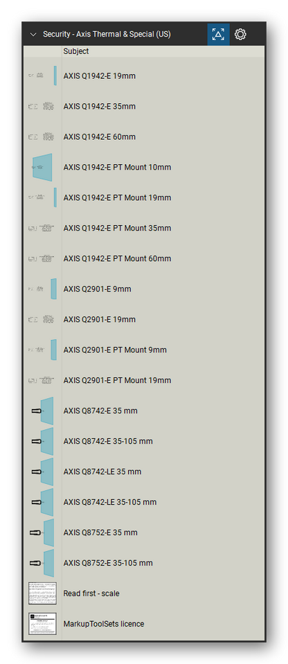 Security & Surveillance tool set for Bluebeam Revu, Axis Thermal & Special (US) set (tools 59-75 of 75) - 17 tools: AXIS Q1942-E 19mm, AXIS Q1942-E 35mm, AXIS Q1942-E 60mm, AXIS Q1942-E PT Mount 10mm, AXIS Q1942-E PT Mount 19mm, AXIS Q1942-E PT Mount 35mm, AXIS Q1942-E PT Mount 60mm, AXIS Q2901-E 9mm, AXIS Q2901-E 19mm, AXIS Q2901-E PT Mount 9mm and 7 more. Tool Chest in Detail view, one row per tool with its name.