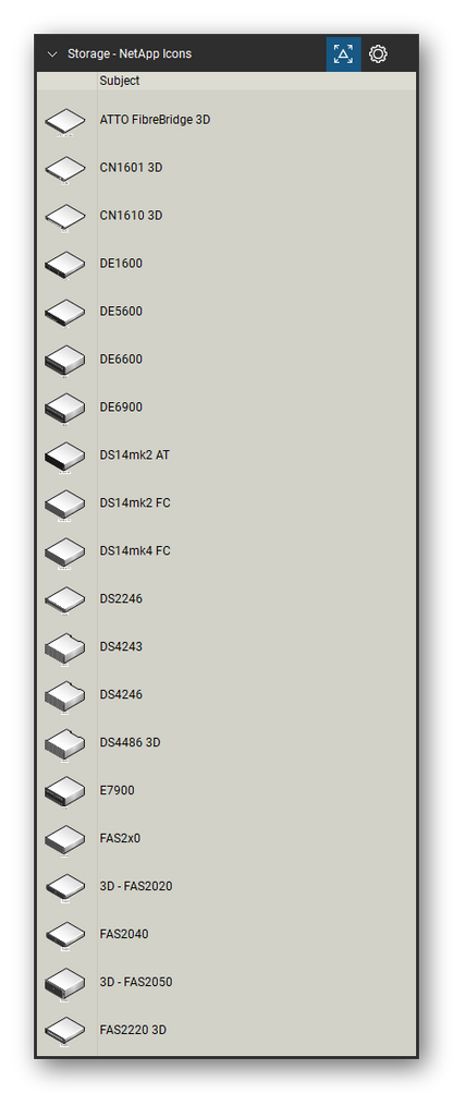 Storage & Backup tool set for Bluebeam Revu, NetApp Icons set (tools 1-20 of 212) - 20 tools: ATTO FibreBridge, CN1601, CN1610, DE1600, DE5600, DE6600, DE6900, DS14mk2 AT, DS14mk2 FC, DS14mk4 FC and 10 more. Tool Chest in Detail view, one row per tool with its name.