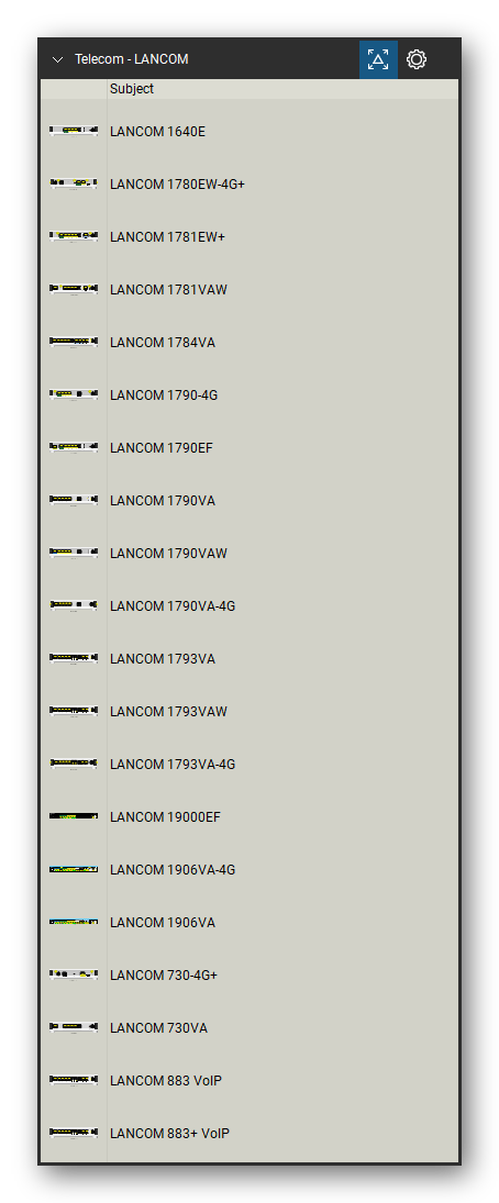 Telecom, Voice & Wireless tool set for Bluebeam Revu, LANCOM set (tools 1-20 of 90) - 20 tools: LANCOM 1640E, LANCOM 1780EW-4G+, LANCOM 1781EW+, LANCOM 1781VAW, LANCOM 1784VA, LANCOM 1790-4G, LANCOM 1790EF, LANCOM 1790VA, LANCOM 1790VAW, LANCOM 1790VA-4G and 10 more. Tool Chest in Detail view, one row per tool with its name.