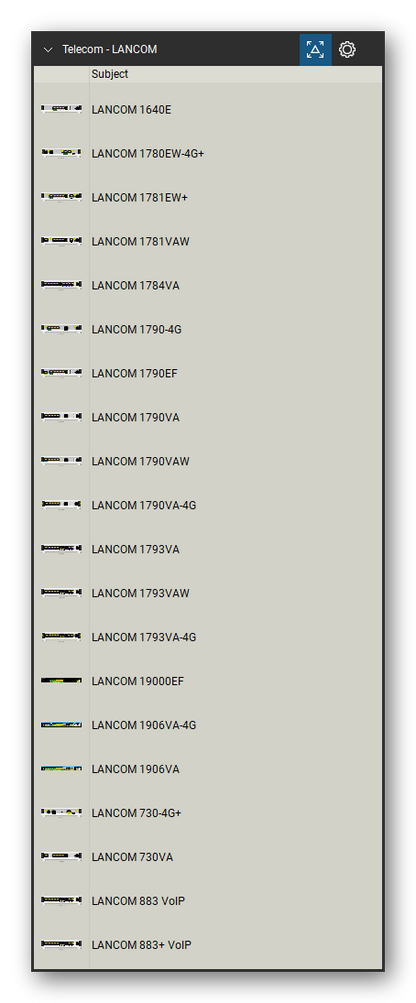 Telecom, Voice & Wireless tool set for Bluebeam Revu, LANCOM set (tools 1-20 of 90) - 20 tools: LANCOM 1640E, LANCOM 1780EW-4G+, LANCOM 1781EW+, LANCOM 1781VAW, LANCOM 1784VA, LANCOM 1790-4G, LANCOM 1790EF, LANCOM 1790VA, LANCOM 1790VAW, LANCOM 1790VA-4G and 10 more. Tool Chest in Detail view, one row per tool with its name.