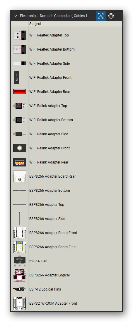 Automation & Electronics tool set for Bluebeam Revu, Domotic Connectors, Cables 1 set (tools 1-20 of 170) - 20 views of 9 devices, front, rear, side, top and bottom: WiFi Realtek Adapter, WiFi Ralink Adapter, ESP8266 Adapter Board, ESP8266 Adapter, ESP8266 Adapter Board Final, 6206A LDO, ESP8266 Adapter Logical, ESP-12 Logical Pins and ESP32_WROOM Adapter. Tool Chest in Detail view, one row per tool with its name.