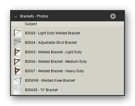 Brackets product photographs in the Pipe Hangers and Supports Takeoff & Estimating Bluebeam tool set