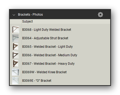 Brackets product photographs in the Pipe Hangers and Supports Takeoff & Estimating Bluebeam tool set