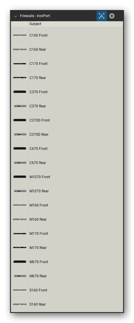 Firewalls & Security Appliances tool set for Bluebeam Revu, IronPort set (tools 1-20 of 28) - 20 views of 10 devices, front and rear: C160, C170, C370, C370D, C670, M1070, M160, M170, M670 and S160. Tool Chest in Detail view, one row per tool with its name.
