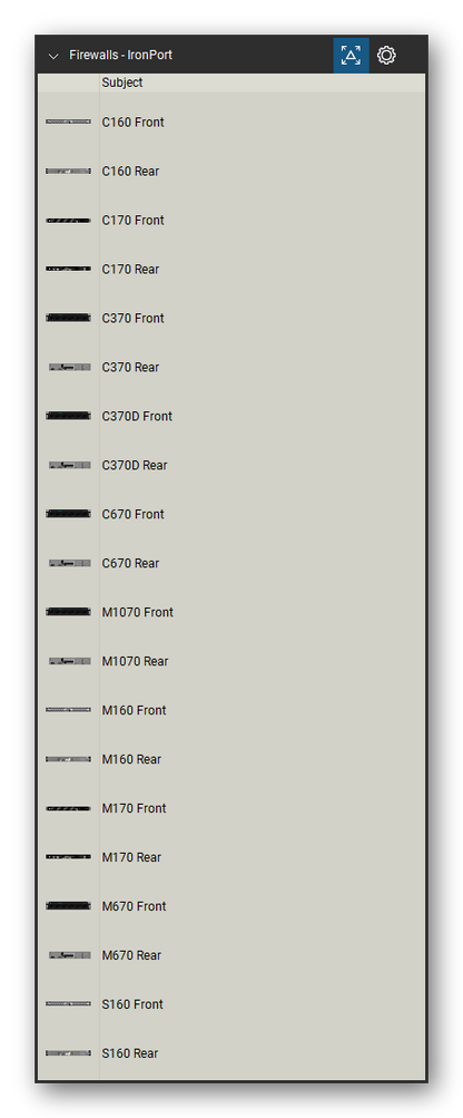 Firewalls & Security Appliances tool set for Bluebeam Revu, IronPort set (tools 1-20 of 28) - 20 views of 10 devices, front and rear: C160, C170, C370, C370D, C670, M1070, M160, M170, M670 and S160. Tool Chest in Detail view, one row per tool with its name.