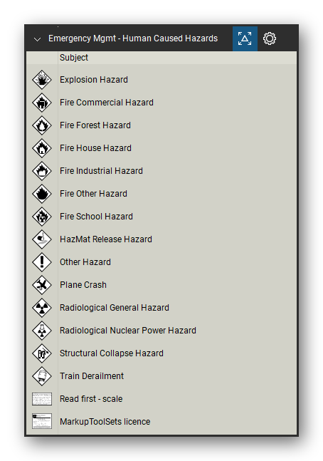 Incident & Emergency Management tool set for Bluebeam Revu, Human Caused Hazards set - 14 tools: Explosion Hazard, Fire Commercial Hazard, Fire Forest Hazard, Fire House Hazard, Fire Industrial Hazard, Fire Other Hazard, Fire School Hazard, HazMat Release Hazard, Other Hazard, Plane Crash and 4 more. Tool Chest in Detail view, one row per tool with its name.