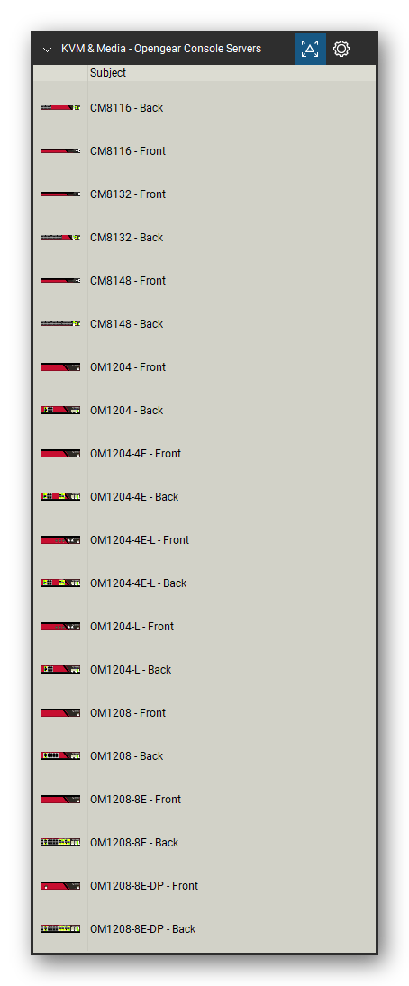KVM, Console Servers & Media Converters tool set for Bluebeam Revu, Opengear Console Servers set (tools 1-20 of 117) - 20 views of 10 devices, front and rear: CM8116, CM8132, CM8148, OM1204, OM1204-4E, OM1204-4E-L, OM1204-L, OM1208, OM1208-8E and OM1208-8E-DP. Tool Chest in Detail view, one row per tool with its name.