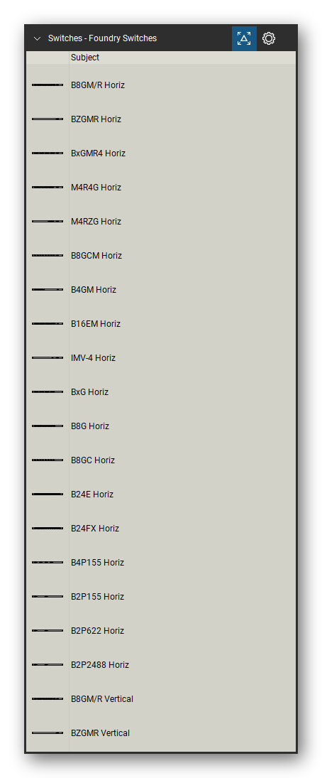 Network Switches & Routers tool set for Bluebeam Revu, Foundry Switches set (tools 1-20 of 127) - 20 tools: B8GM/R Horiz, BZGMR Horiz, BxGMR4 Horiz, M4R4G Horiz, M4RZG Horiz, B8GCM Horiz, B4GM Horiz, B16EM Horiz, IMV-4 Horiz, BxG Horiz and 10 more. Tool Chest in Detail view, one row per tool with its name.
