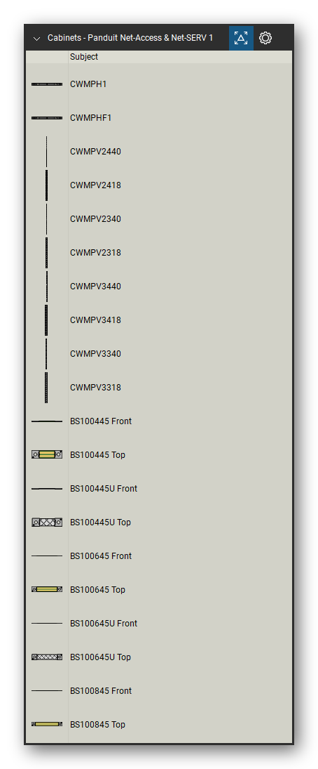 Racks, Cabinets & Cable Pathways tool set for Bluebeam Revu, Panduit Net-Access & Net-SERV 1 set (tools 1-20 of 184) - 20 views of 15 devices, front and top: CWMPH1, CWMPHF1, CWMPV2440, CWMPV2418, CWMPV2340, CWMPV2318, CWMPV3440, CWMPV3418, CWMPV3340, CWMPV3318 and 5 more. Tool Chest in Detail view, one row per tool with its name.