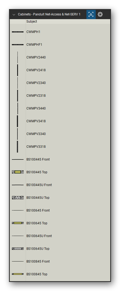 Racks, Cabinets & Cable Pathways tool set for Bluebeam Revu, Panduit Net-Access & Net-SERV 1 set (tools 1-20 of 184) - 20 views of 15 devices, front and top: CWMPH1, CWMPHF1, CWMPV2440, CWMPV2418, CWMPV2340, CWMPV2318, CWMPV3440, CWMPV3418, CWMPV3340, CWMPV3318 and 5 more. Tool Chest in Detail view, one row per tool with its name.