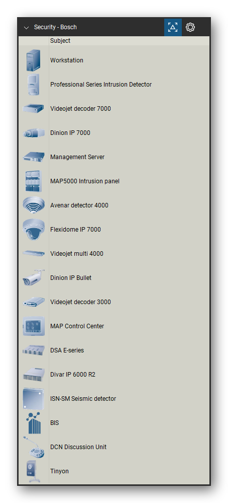 Security & Surveillance tool set for Bluebeam Revu, Bosch set (tools 1-18 of 69) - 18 tools: Workstation, Professional Series Intrusion Detector, Videojet decoder 7000, Dinion IP 7000, Management Server, MAP5000 Intrusion panel, Avenar detector 4000, Flexidome IP 7000, Videojet multi 4000, Dinion IP Bullet and 8 more. Tool Chest in Detail view, one row per tool with its name.