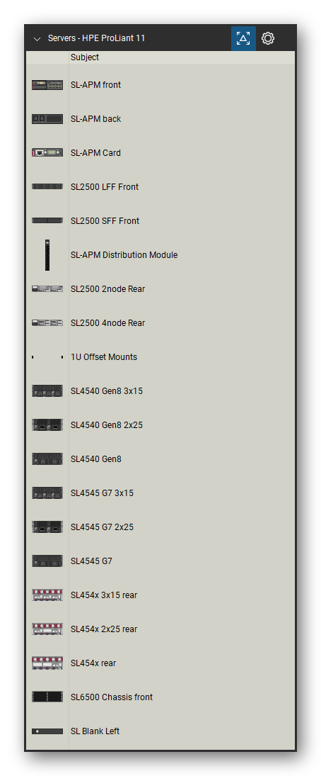 Servers tool set for Bluebeam Revu, HPE ProLiant 11 set (tools 1-20 of 216) - 20 views of 19 devices, front, rear and side: SL-APM, SL-APM Card, SL2500 LFF, SL2500 SFF, SL-APM Distribution Module, SL2500 2node, SL2500 4node, 1U Offset Mounts, SL4540 Gen8 3x15, SL4540 Gen8 2x25 and 9 more. Tool Chest in Detail view, one row per tool with its name.