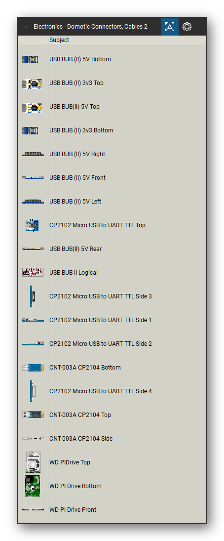 Automation & Electronics tool set for Bluebeam Revu, Domotic Connectors, Cables 2 set (tools 1-20 of 152) - 20 views of 12 devices, front, rear, side, top and bottom: USB BUB (II) 5V, USB BUB (II) 3v3, USB BUB(II) 5V, CP2102 Micro USB to UART TTL, USB BUB II Logical, CP2102 Micro USB to UART TTL Side 3, CP2102 Micro USB to UART TTL Side 1, CP2102 Micro USB to UART TTL Side 2, CNT-003A CP2104, CP2102 Micro USB to UART TTL Side 4 and 2 more. Tool Chest in Detail view, one row per tool with its name.