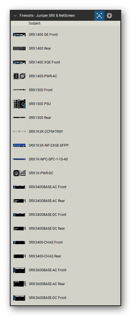 Firewalls & Security Appliances tool set for Bluebeam Revu, Juniper SRX & NetScreen set (tools 1-20 of 232) - 20 views of 15 devices, front and rear: SRX1400 GE, SRX1400, SRX1400 XGE, SRX1400-PWR-AC, SRX1500, SRX1500 PSU, SRX1K3K-2CFM-TRAY, SRX1K3K-NP-2XGE-SFPP, SRX1K-NPC-SPC-1-10-40, SRX1K-PWR-DC and 5 more. Tool Chest in Detail view, one row per tool with its name.