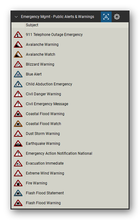 Incident & Emergency Management tool set for Bluebeam Revu, Public Alerts & Warnings set (tools 1-18 of 51) - 18 tools: 911 Telephone Outage Emergency, Avalanche Warning, Avalanche Watch, Blizzard Warning, Blue Alert, Child Abduction Emergency, Civil Danger Warning, Civil Emergency Message, Coastal Flood Warning, Coastal Flood Watch and 8 more. Tool Chest in Detail view, one row per tool with its name.