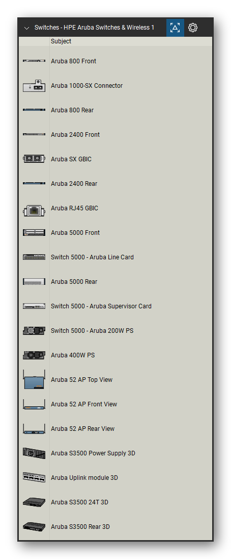 Network Switches & Routers tool set for Bluebeam Revu, HPE Aruba Switches & Wireless 1 set (tools 1-20 of 277) - 20 views of 15 devices, front, rear, top and isometric: Aruba 800, Aruba 1000-SX Connector, Aruba 2400, Aruba SX GBIC, Aruba RJ45 GBIC, Aruba 5000, Switch 5000 - Aruba Line Card, Switch 5000 - Aruba Supervisor Card, Switch 5000 - Aruba 200W PS, Aruba 400W PS and 5 more. Tool Chest in Detail view, one row per tool with its name.