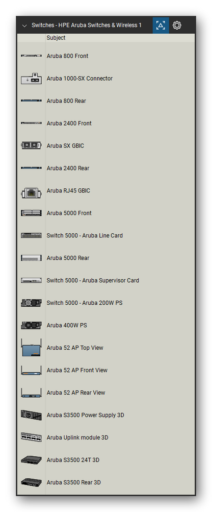 Network Switches & Routers tool set for Bluebeam Revu, HPE Aruba Switches & Wireless 1 set (tools 1-20 of 277) - 20 views of 15 devices, front, rear, top and isometric: Aruba 800, Aruba 1000-SX Connector, Aruba 2400, Aruba SX GBIC, Aruba RJ45 GBIC, Aruba 5000, Switch 5000 - Aruba Line Card, Switch 5000 - Aruba Supervisor Card, Switch 5000 - Aruba 200W PS, Aruba 400W PS and 5 more. Tool Chest in Detail view, one row per tool with its name.