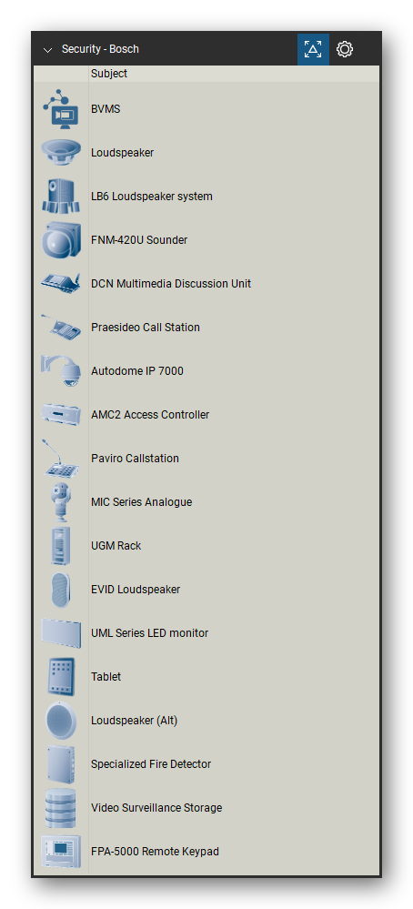 Security & Surveillance tool set for Bluebeam Revu, Bosch set (tools 19-36 of 69) - 18 tools: BVMS, Loudspeaker, LB6 Loudspeaker system, FNM-420U Sounder, DCN Multimedia Discussion Unit, Praesideo Call Station, Autodome IP 7000, AMC2 Access Controller, Paviro Callstation, MIC Series Analogue and 7 more. Tool Chest in Detail view, one row per tool with its name.