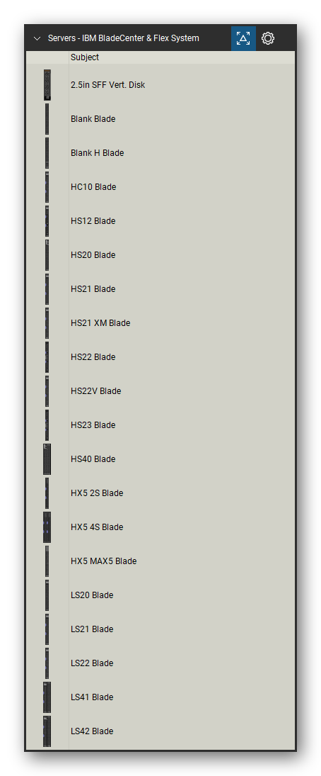 Servers tool set for Bluebeam Revu, IBM BladeCenter & Flex System set (tools 1-20 of 173) - 20 tools: 2.5in SFF Vert. Disk, Blank Blade, Blank H Blade, HC10 Blade, HS12 Blade, HS20 Blade, HS21 Blade, HS21 XM Blade, HS22 Blade, HS22V Blade and 10 more. Tool Chest in Detail view, one row per tool with its name.