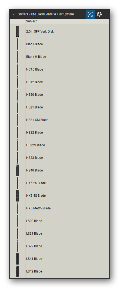 Servers tool set for Bluebeam Revu, IBM BladeCenter & Flex System set (tools 1-20 of 173) - 20 tools: 2.5in SFF Vert. Disk, Blank Blade, Blank H Blade, HC10 Blade, HS12 Blade, HS20 Blade, HS21 Blade, HS21 XM Blade, HS22 Blade, HS22V Blade and 10 more. Tool Chest in Detail view, one row per tool with its name.