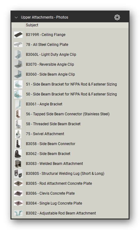 Upper attachments product photographs in the Pipe Hangers and Supports Takeoff & Estimating Bluebeam...