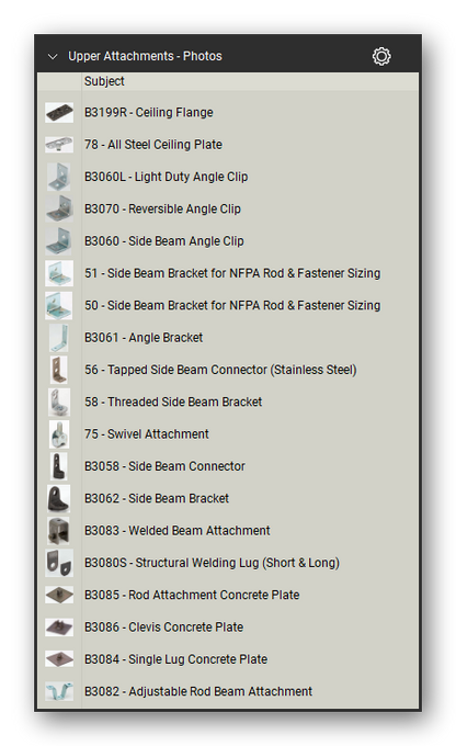 Upper attachments product photographs in the Pipe Hangers and Supports Takeoff & Estimating Bluebeam...
