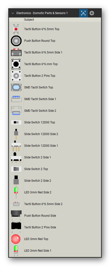 Automation & Electronics tool set for Bluebeam Revu, Domotic Parts & Sensors 1 set (tools 1-20 of 158) - 20 views of 18 devices, side and top: Tactil Button 6*6.5mm, Push Button Round, Tactil Button 6*6.5mm Side 1, Tactil Button 6*6.mm, Tactil Button 2 Pins, SMD Tactil Switch, SMD Tactil Switch Side 1, SMD Tactil Switch Side 2, Slide Switch 12D00, Slide Switch 12D00 Side 2 and 8 more. Tool Chest in Detail view, one row per tool with its name.