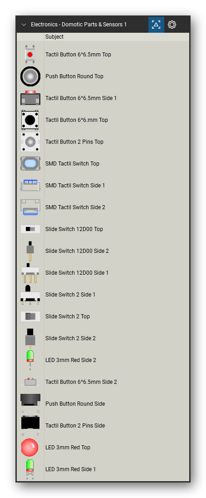 Automation & Electronics tool set for Bluebeam Revu, Domotic Parts & Sensors 1 set (tools 1-20 of 158) - 20 views of 18 devices, side and top: Tactil Button 6*6.5mm, Push Button Round, Tactil Button 6*6.5mm Side 1, Tactil Button 6*6.mm, Tactil Button 2 Pins, SMD Tactil Switch, SMD Tactil Switch Side 1, SMD Tactil Switch Side 2, Slide Switch 12D00, Slide Switch 12D00 Side 2 and 8 more. Tool Chest in Detail view, one row per tool with its name.