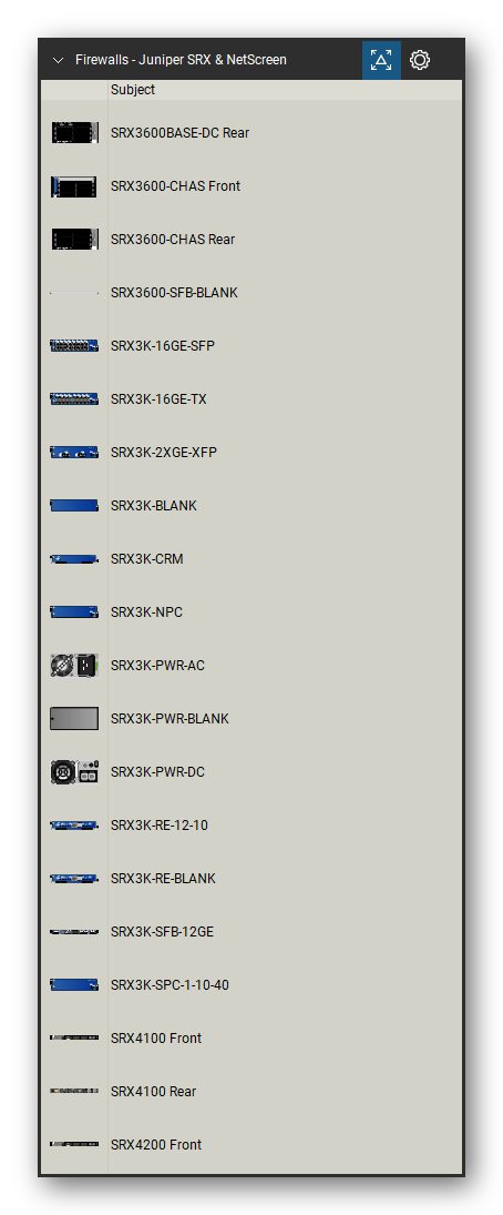 Firewalls & Security Appliances tool set for Bluebeam Revu, Juniper SRX & NetScreen set (tools 21-40 of 232) - 20 views of 18 devices, front and rear: SRX3600BASE-DC, SRX3600-CHAS, SRX3600-SFB-BLANK, SRX3K-16GE-SFP, SRX3K-16GE-TX, SRX3K-2XGE-XFP, SRX3K-BLANK, SRX3K-CRM, SRX3K-NPC, SRX3K-PWR-AC and 8 more. Tool Chest in Detail view, one row per tool with its name.
