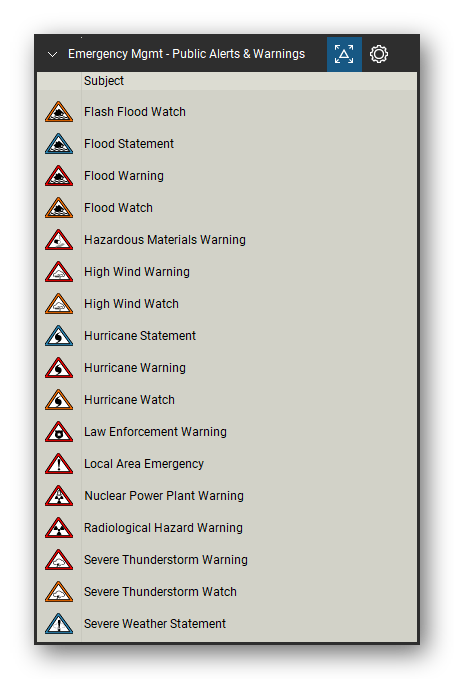 Incident & Emergency Management tool set for Bluebeam Revu, Public Alerts & Warnings set (tools 19-35 of 51) - 17 tools: Flash Flood Watch, Flood Statement, Flood Warning, Flood Watch, Hazardous Materials Warning, High Wind Warning, High Wind Watch, Hurricane Statement, Hurricane Warning, Hurricane Watch and 7 more. Tool Chest in Detail view, one row per tool with its name.