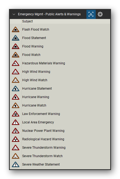 Incident & Emergency Management tool set for Bluebeam Revu, Public Alerts & Warnings set (tools 19-35 of 51) - 17 tools: Flash Flood Watch, Flood Statement, Flood Warning, Flood Watch, Hazardous Materials Warning, High Wind Warning, High Wind Watch, Hurricane Statement, Hurricane Warning, Hurricane Watch and 7 more. Tool Chest in Detail view, one row per tool with its name.