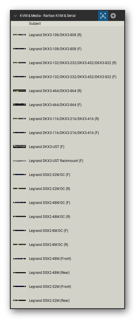 KVM, Console Servers & Media Converters tool set for Bluebeam Revu, Raritan KVM & Serial set (tools 1-20 of 152) - 20 views of 11 devices, front and rear: Legrand DKX3-108/DKX3-808, Legrand DKX3-132/DKX3-232/DKX3-432/DKX3-832, Legrand DKX3-464/DKX3-864, Legrand DKX3-116/DKX3-216/DKX3-416, Legrand DKX3-UST, Legrand DKX3-UST Rackmount, Legrand DSX2-32M DC, Legrand DSX2-48M DC, Legrand DSX2-8M DC, Legrand DSX2-48M and 1 more. Tool Chest in Detail view, one row per tool with its name.