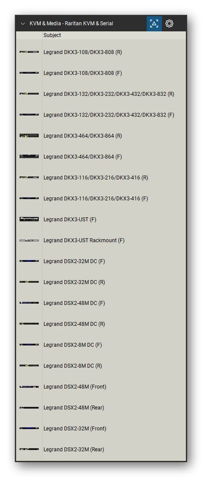 KVM, Console Servers & Media Converters tool set for Bluebeam Revu, Raritan KVM & Serial set (tools 1-20 of 152) - 20 views of 11 devices, front and rear: Legrand DKX3-108/DKX3-808, Legrand DKX3-132/DKX3-232/DKX3-432/DKX3-832, Legrand DKX3-464/DKX3-864, Legrand DKX3-116/DKX3-216/DKX3-416, Legrand DKX3-UST, Legrand DKX3-UST Rackmount, Legrand DSX2-32M DC, Legrand DSX2-48M DC, Legrand DSX2-8M DC, Legrand DSX2-48M and 1 more. Tool Chest in Detail view, one row per tool with its name.