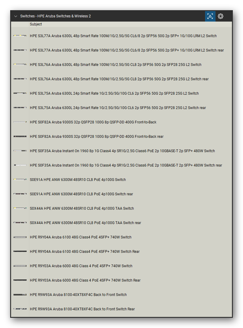 Network Switches & Routers tool set for Bluebeam Revu, HPE Aruba Switches & Wireless 2 set (tools 1-20 of 293) - 20 views of 11 devices, rear: HPE S3L77A Aruba 6300L 48p Smart Rate, HPE S3L76A Aruba 6300L 48p Smart Rate, HPE S3L75A Aruba 6300L 24p Smart Rate, HPE S0F82A Aruba 9300S 32p QSFP28 100G 8p, HPE S0F35A Aruba Instant On 1960 8p 1G, S0E91A HPE ANW 6300M 48SR10 CL8 PoE 4p100G, S0X44A HPE ANW 6300M 48SR10 CL8 PoE 4p100G and more. Tool Chest in Detail view, one row per tool with its name.