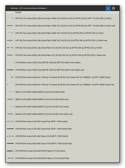 Network Switches & Routers tool set for Bluebeam Revu, HPE Aruba Switches & Wireless 2 set (tools 1-20 of 293) - 20 views of 11 devices, rear: HPE S3L77A Aruba 6300L 48p Smart Rate, HPE S3L76A Aruba 6300L 48p Smart Rate, HPE S3L75A Aruba 6300L 24p Smart Rate, HPE S0F82A Aruba 9300S 32p QSFP28 100G 8p, HPE S0F35A Aruba Instant On 1960 8p 1G, S0E91A HPE ANW 6300M 48SR10 CL8 PoE 4p100G, S0X44A HPE ANW 6300M 48SR10 CL8 PoE 4p100G and more. Tool Chest in Detail view, one row per tool with its name.