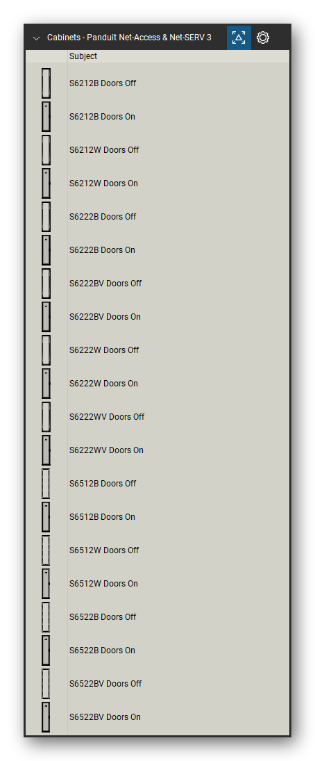 Racks, Cabinets & Cable Pathways tool set for Bluebeam Revu, Panduit Net-Access & Net-SERV 3 set (tools 1-20 of 202) - 20 tools: S6212B Doors Off, S6212B Doors On, S6212W Doors Off, S6212W Doors On, S6222B Doors Off, S6222B Doors On, S6222BV Doors Off, S6222BV Doors On, S6222W Doors Off, S6222W Doors On and 10 more. Tool Chest in Detail view, one row per tool with its name.