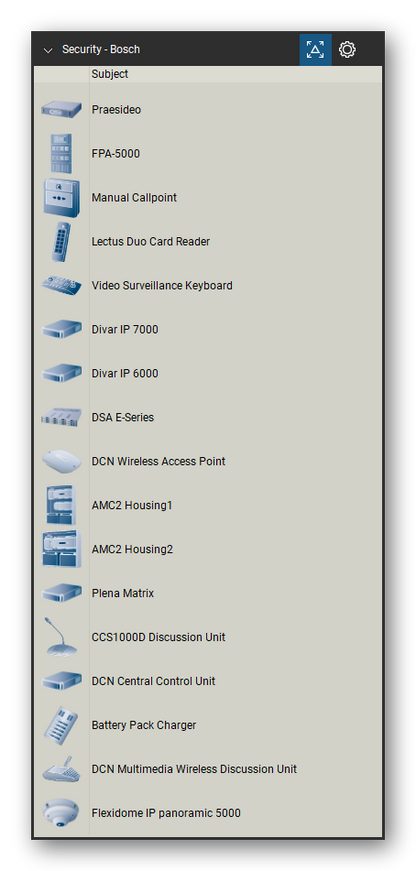 Security & Surveillance tool set for Bluebeam Revu, Bosch set (tools 37-53 of 69) - 17 tools: Praesideo, FPA-5000, Manual Callpoint, Lectus Duo Card Reader, Video Surveillance Keyboard, Divar IP 7000, Divar IP 6000, DSA E-Series, DCN Wireless Access Point, AMC2 Housing1 and 7 more. Tool Chest in Detail view, one row per tool with its name.