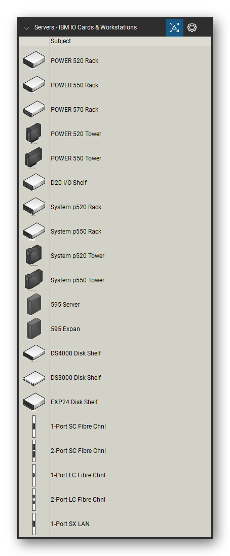Servers tool set for Bluebeam Revu, IBM IO Cards & Workstations set (tools 1-20 of 56) - 20 tools: POWER 520 Rack, POWER 550 Rack, POWER 570 Rack, POWER 520 Tower, POWER 550 Tower, D20 I/O Shelf, System p520 Rack, System p550 Rack, System p520 Tower, System p550 Tower and 10 more. Tool Chest in Detail view, one row per tool with its name.