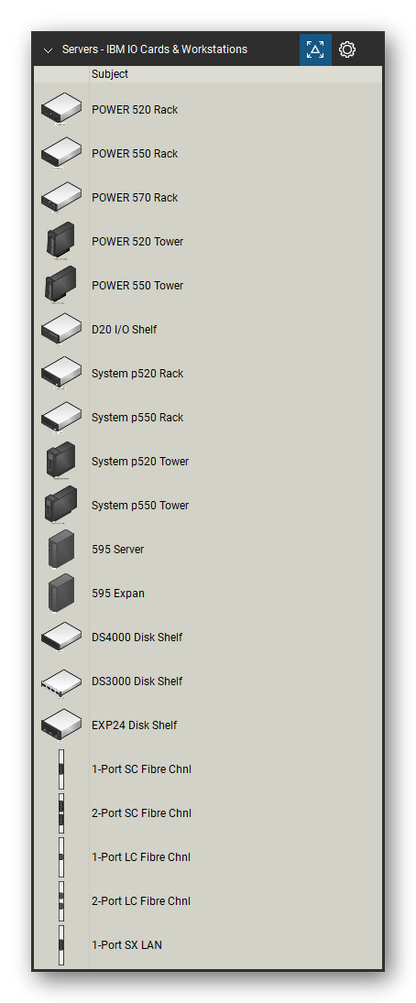 Servers tool set for Bluebeam Revu, IBM IO Cards & Workstations set (tools 1-20 of 56) - 20 tools: POWER 520 Rack, POWER 550 Rack, POWER 570 Rack, POWER 520 Tower, POWER 550 Tower, D20 I/O Shelf, System p520 Rack, System p550 Rack, System p520 Tower, System p550 Tower and 10 more. Tool Chest in Detail view, one row per tool with its name.