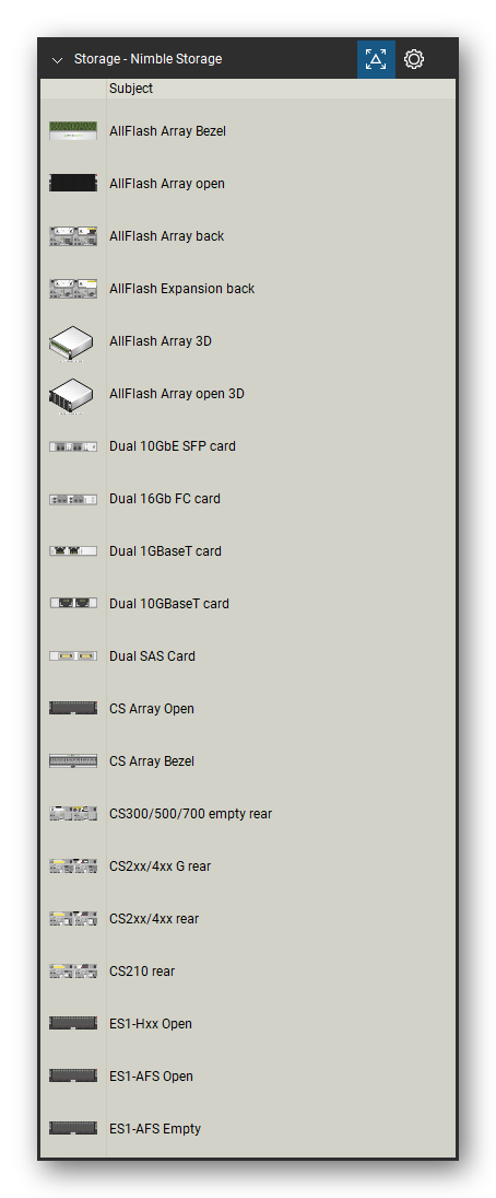 Storage & Backup tool set for Bluebeam Revu, Nimble Storage set (tools 1-20 of 25) - 20 views of 18 devices, rear and isometric: AllFlash Array Bezel, AllFlash Array open, AllFlash Array, AllFlash Expansion, Dual 10GbE SFP card, Dual 16Gb FC card, Dual 1GBaseT card, Dual 10GBaseT card, Dual SAS Card, CS Array Open and 8 more. Tool Chest in Detail view, one row per tool with its name.