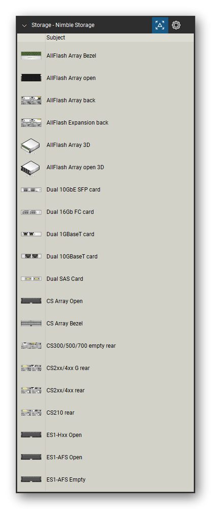 Storage & Backup tool set for Bluebeam Revu, Nimble Storage set (tools 1-20 of 25) - 20 views of 18 devices, rear and isometric: AllFlash Array Bezel, AllFlash Array open, AllFlash Array, AllFlash Expansion, Dual 10GbE SFP card, Dual 16Gb FC card, Dual 1GBaseT card, Dual 10GBaseT card, Dual SAS Card, CS Array Open and 8 more. Tool Chest in Detail view, one row per tool with its name.