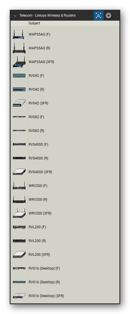 Telecom, Voice & Wireless tool set for Bluebeam Revu, Linksys Wireless & Routers set (tools 1-20 of 70) - 20 views of 7 devices, front, rear and isometric: WAP55AG, RV042, RV082, RVS4000, WRV200, RVL200 and RV016 (Desktop). Tool Chest in Detail view, one row per tool with its name.