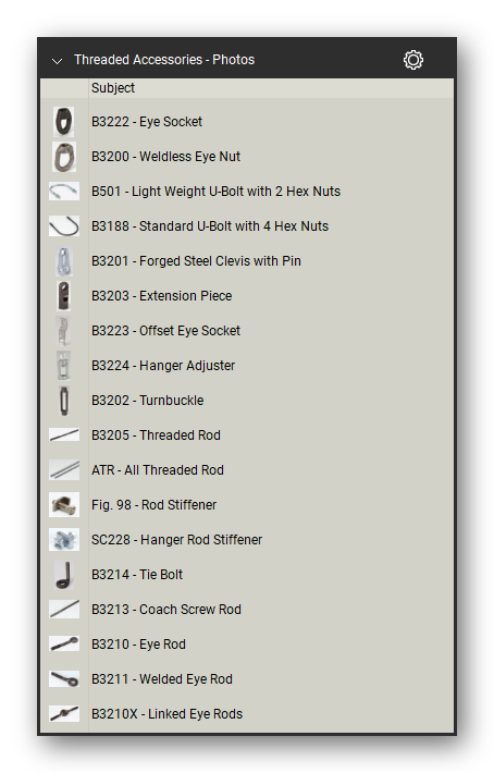 Threaded accessories product photographs in the Pipe Hangers and Supports Takeoff & Estimating Bluebeam... (sheet 1 of 2)