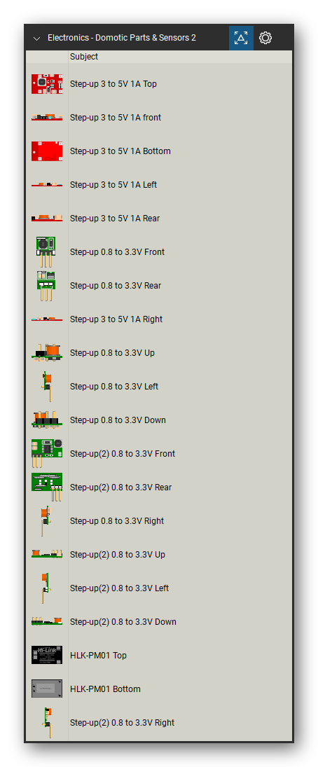 Automation & Electronics tool set for Bluebeam Revu, Domotic Parts & Sensors 2 set (tools 1-20 of 247) - 20 views of 8 devices, front, rear, side, top and bottom: Step-up 3 to 5V 1A, Step-up 0.8 to 3.3V, Step-up 0.8 to 3.3V Up, Step-up 0.8 to 3.3V Down, Step-up(2) 0.8 to 3.3V, Step-up(2) 0.8 to 3.3V Up, Step-up(2) 0.8 to 3.3V Down and HLK-PM01. Tool Chest in Detail view, one row per tool with its name.