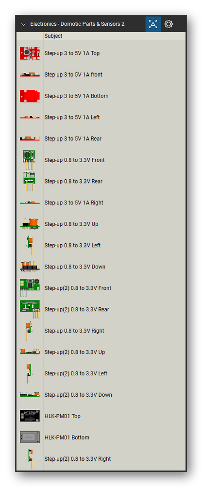Automation & Electronics tool set for Bluebeam Revu, Domotic Parts & Sensors 2 set (tools 1-20 of 247) - 20 views of 8 devices, front, rear, side, top and bottom: Step-up 3 to 5V 1A, Step-up 0.8 to 3.3V, Step-up 0.8 to 3.3V Up, Step-up 0.8 to 3.3V Down, Step-up(2) 0.8 to 3.3V, Step-up(2) 0.8 to 3.3V Up, Step-up(2) 0.8 to 3.3V Down and HLK-PM01. Tool Chest in Detail view, one row per tool with its name.