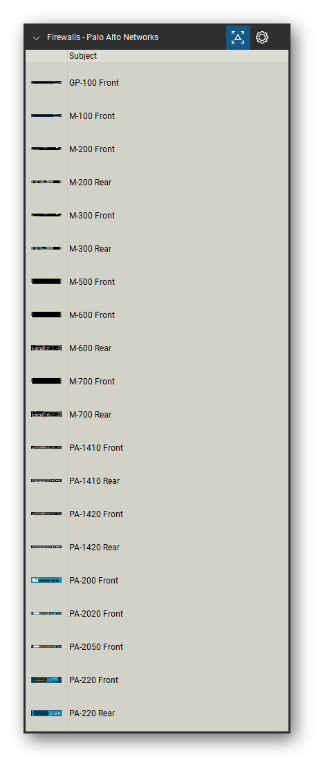 Firewalls & Security Appliances tool set for Bluebeam Revu, Palo Alto Networks set (tools 1-20 of 137) - 20 views of 13 devices, front and rear: GP-100, M-100, M-200, M-300, M-500, M-600, M-700, PA-1410, PA-1420, PA-200 and 3 more. Tool Chest in Detail view, one row per tool with its name.